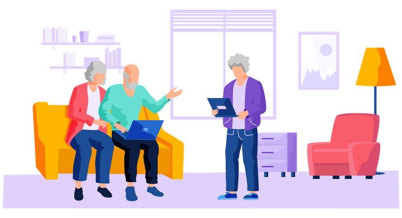 Man helping old people to use computer  Illustration