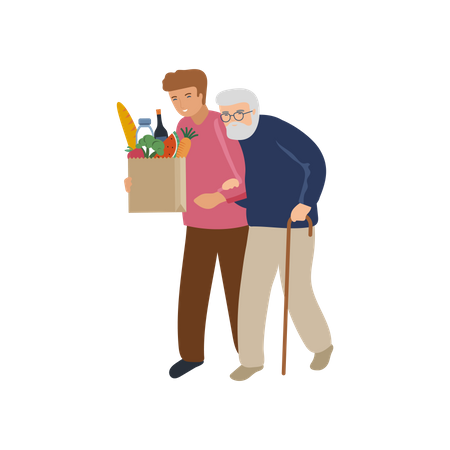 Man helping old man with grocery bag  Illustration