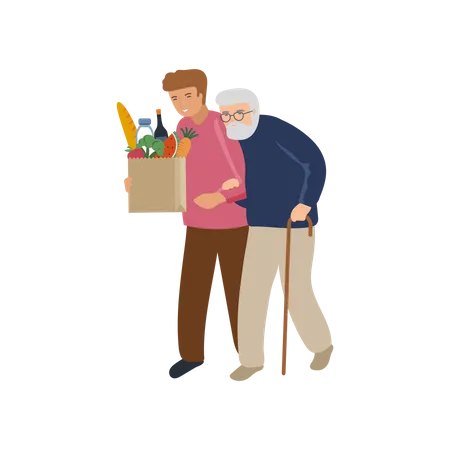 Man helping old man with grocery bag  Illustration