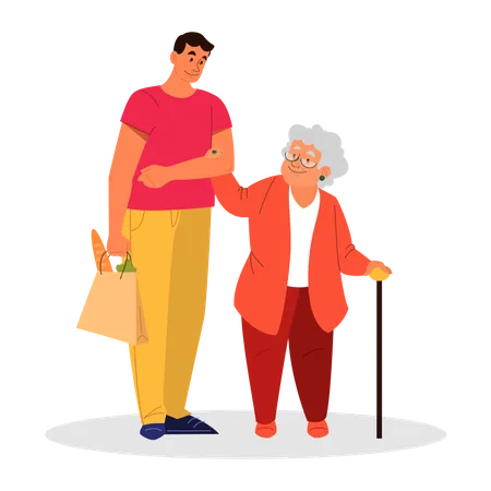 Man helping old woman  Illustration