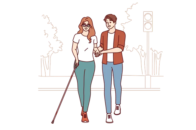 Man Helps Blind Woman Walk Through Park Enjoying City Accessible Environment For People With Disabilities Blind Girl In Sunglasses Uses Special Cane To Search For Obstacles On Way Illustration