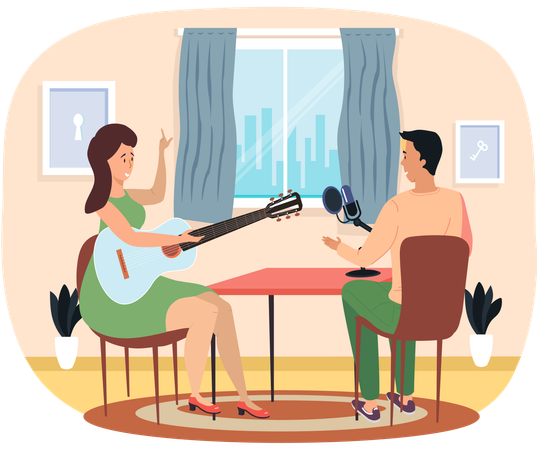 Man helps girl to record audio at home  Illustration