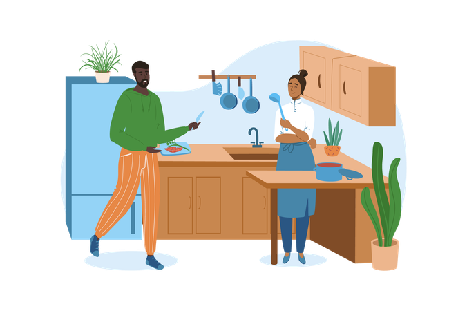 Man helps his wife cook meals in the kitchen  Illustration