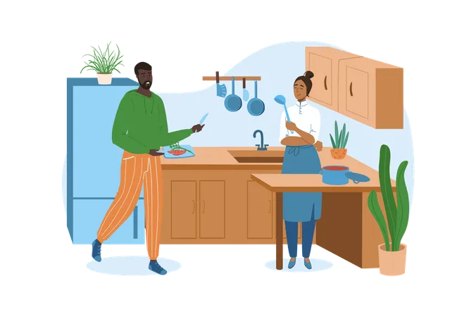 Kitchen Blue Concept With People Scene In The Flat Cartoon Style Man Helps His Wife Cook Meals In The Kitchen Vector Illustration Illustration