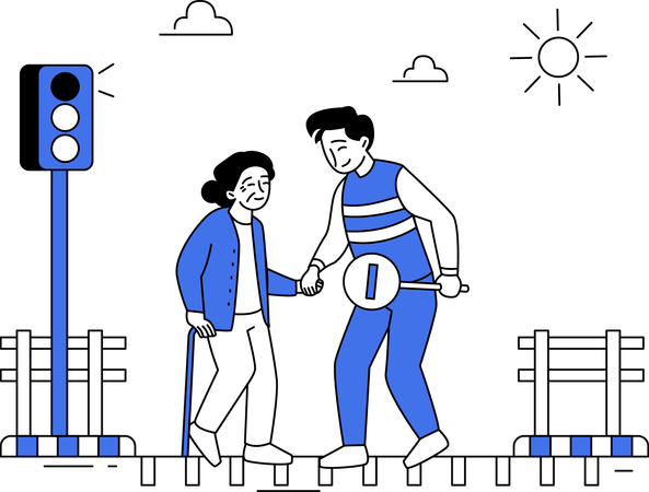 Man Helps Old Woman cross the street  Illustration