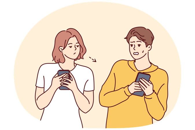 Man hides mobile phone from curious woman peeping and exploding in private space  Illustration