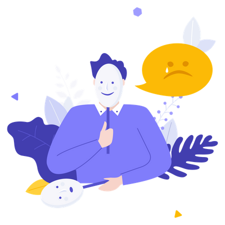 Man hiding real emotion behind happy face  Illustration