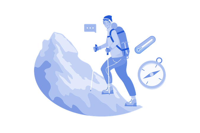 Man hiking high in mountains in winter  Illustration