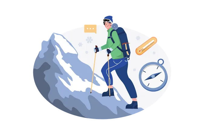 Man hiking high in mountains in winter Illustration