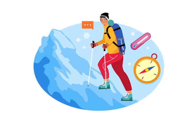 Man hiking high in mountains in winter  일러스트레이션