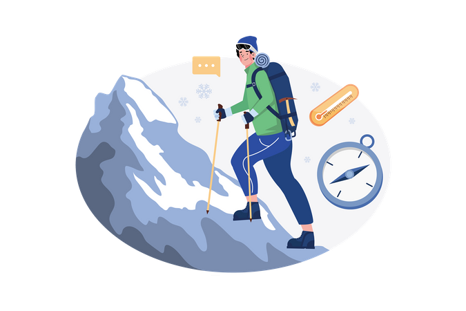 Man hiking high in mountains in winter  일러스트레이션