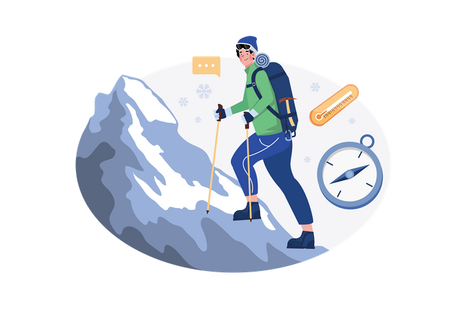 Man hiking high in mountains in winter  Illustration