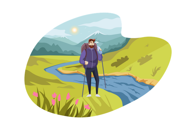 Man hiking in jungle  Illustration