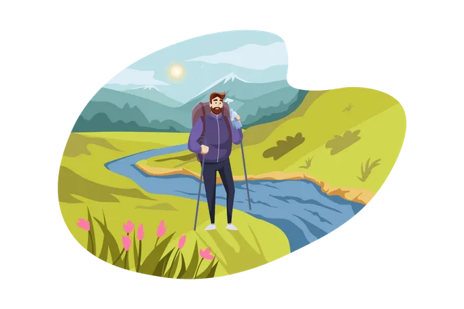 Man hiking in jungle  Illustration