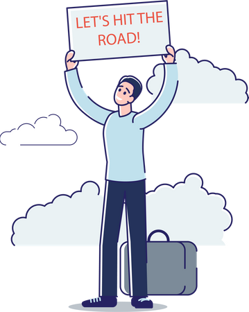 Man hitchhiking car standing on roadside with baggage placard  Illustration