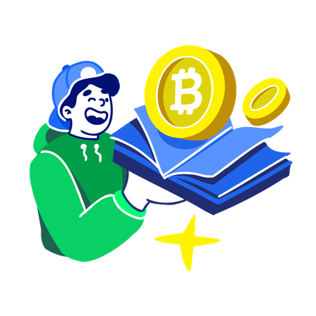 Man Hold Bitcoin Guide Book  Illustration