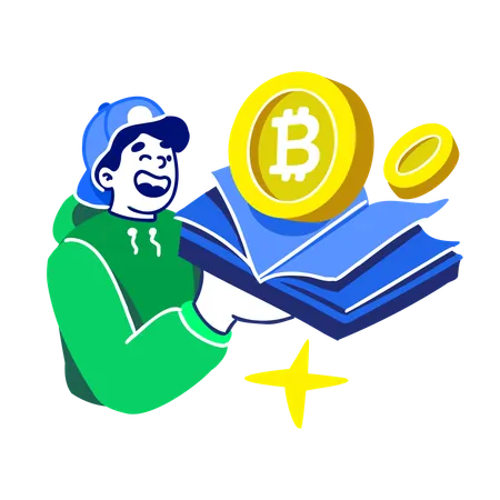 Man Hold Bitcoin Guide Book  Illustration