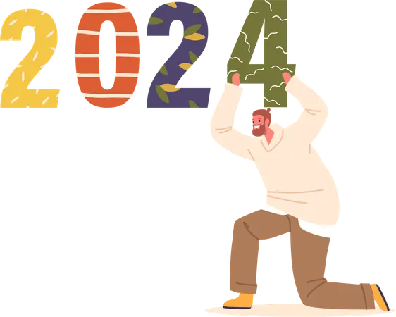 Man Proudly Holds Numbers 2024 Symbolizing The Approaching New Year With Hope And Anticipation In His Eyes Excited Male Character Ready For The Future Cartoon People Vector Illustration Illustration