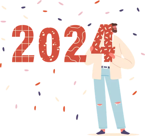 Man Holds The Numbers 2024 With Hopeful Anticipation Symbolizing A New Year And Fresh Opportunities On The Horizon Happy Male Character Under The Confetti Rain Cartoon People Vector Illustration Illustration