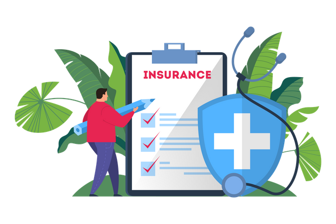 Man hold pen standing at the big clipboard and signing healthcare insurance document Illustration