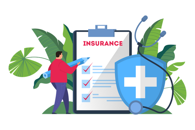 Man hold pen standing at the big clipboard and signing healthcare insurance document  Illustration