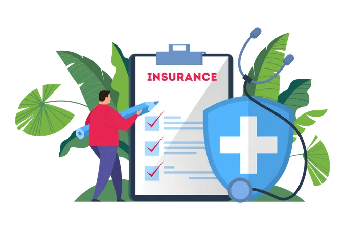 Man hold pen standing at the big clipboard and signing healthcare insurance document  Illustration