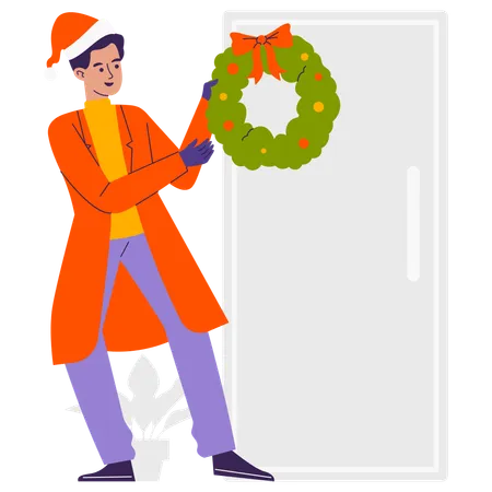 Man Hold Wreath Christmas  Illustration