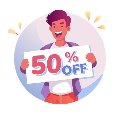 Man holding 50 percent off placard  Illustration