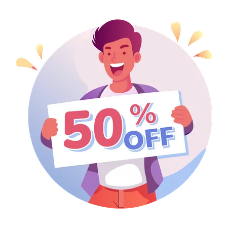 Man holding 50 percent off placard  Illustration