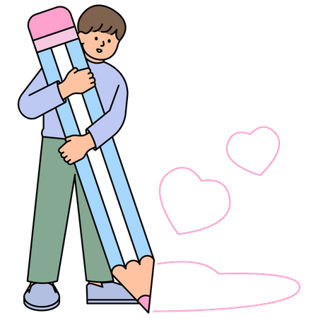 Man Holding a Big Pencil and Drawing a Heart  イラスト