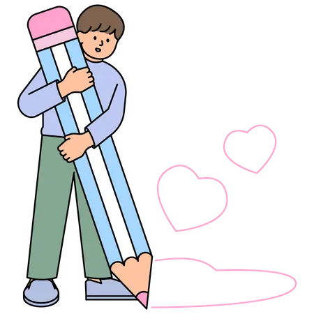 Man Holding a Big Pencil and Drawing a Heart  Illustration