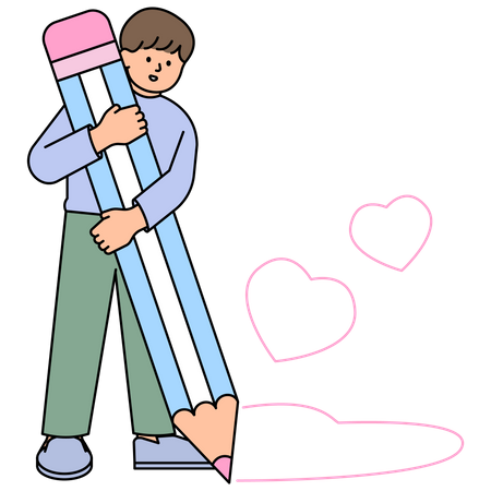 Man Holding a Big Pencil and Drawing a Heart  Illustration