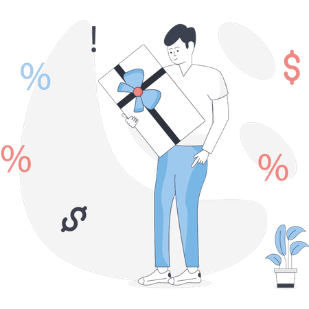 Man holding a gift box featuring a prominent percentage sign suggesting a discount or special offer  Illustration