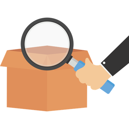 Man holding a magnifying glass trying to find the answer in an empty box  Illustration