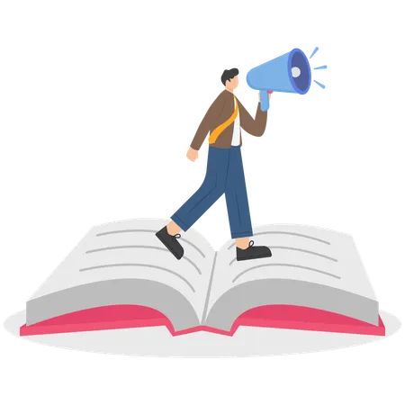 Man holding a megaphone on a big book  Illustration