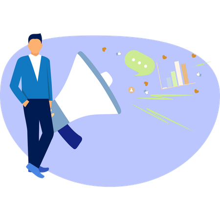 Man holding a megaphone with colorful speech bubbles around him symbolizing communication and public speaking  Illustration