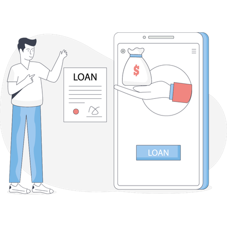 Man holding a money bag in one hand and a smartphone displaying a loan application in the other  Illustration