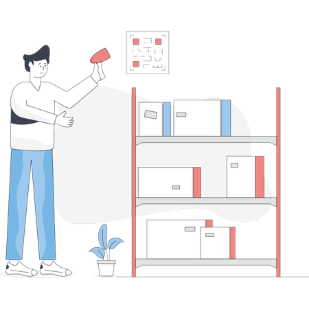 Man holding a paintbrush stands in front of a shelf filled with various boxes ready to create or organize  Illustration