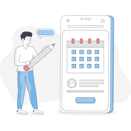 Man holding a pencil in one hand and a phone displaying a calendar icon in the other focused on planning  Illustration