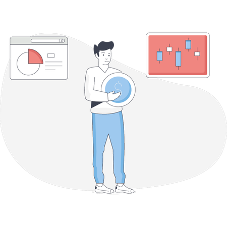 Man holding a pie chart in one hand and a bar chart in the other analyzing data visually  Illustration