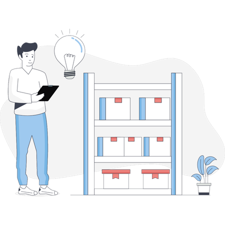 Man holding a tablet examining a shelf filled with various boxes in a well-lit room  Illustration