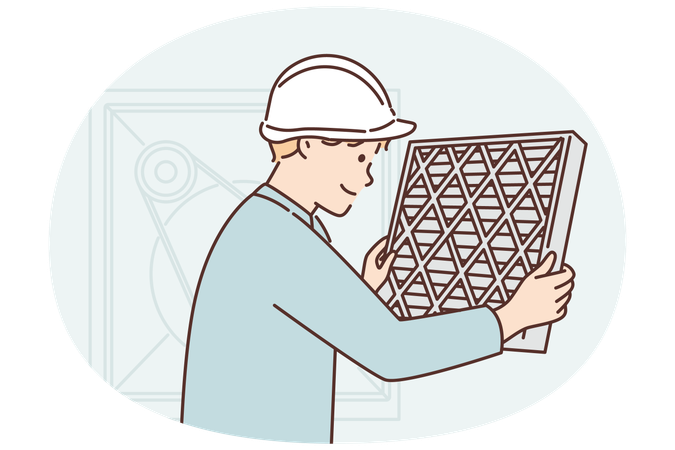 エアコンの交換用フィルターを持ち、予防保守や HVAC の修理を行っている男性  イラスト
