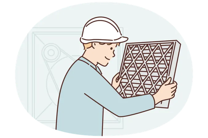 Man holding air conditioner replacement filter doing preventive maintenance or repairing HVAC  Illustration