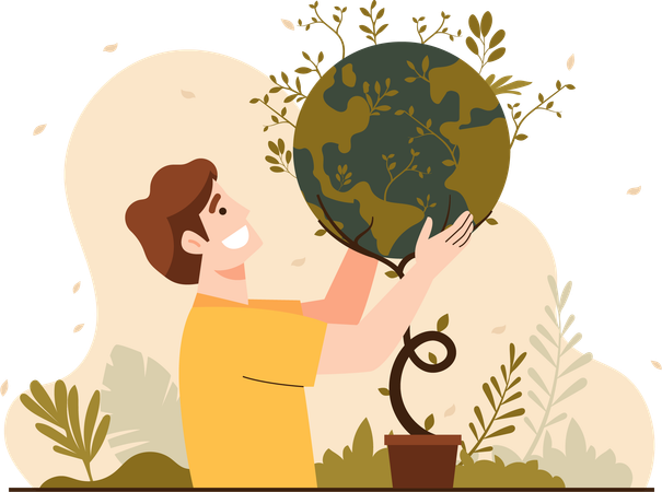 Man Holding An Earth Shaped Plant  Illustration