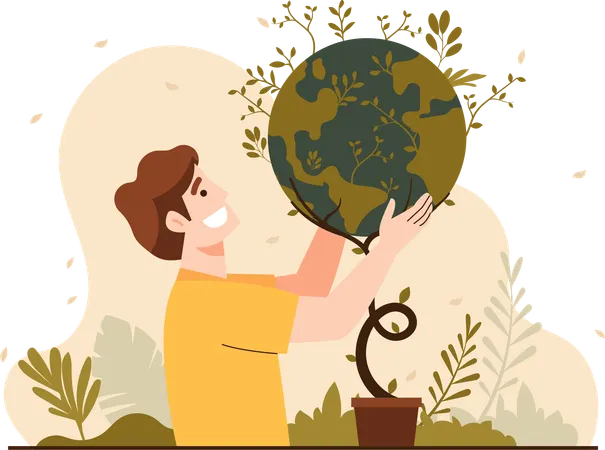 Man Holding An Earth Shaped Plant  Illustration