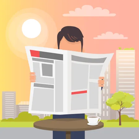 Man Holding And Reading Open Newspaper Near Round Table On Long Stick And White Cup Of Coffee On It Vector Illustration Of City Sun View And Urban Life On Background Man Spending Time Outside Illustration