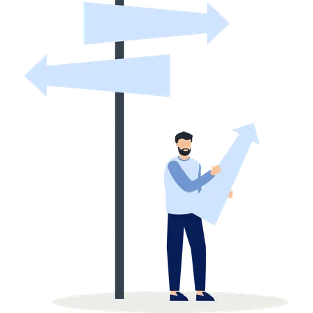 Man Holding Arrow Sign Directial Choices Decision Making Business  Illustration
