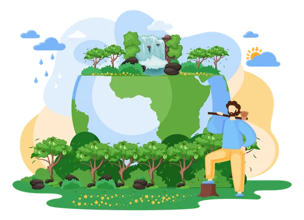 Man holding axe on jeju island  Illustration