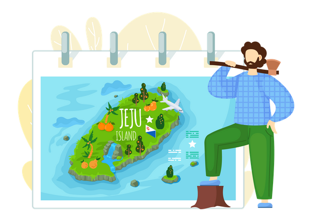 Man holding axe on jeju island  Illustration