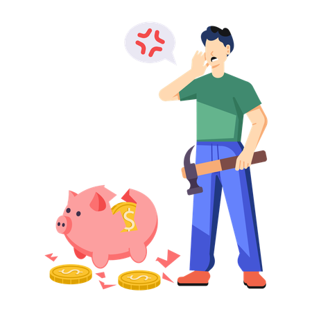 Man holding axe while burst piggy bank  Illustration